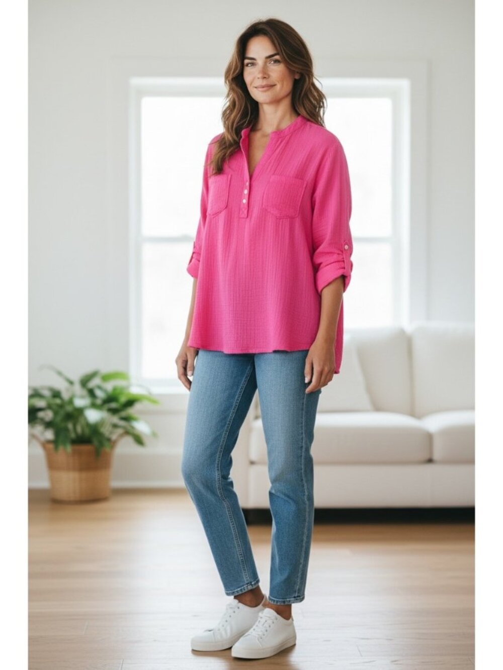 Mote Gauzy Long Sleeve Popover Blouse Pink Size L Boho Coastal Cottagecore Cute